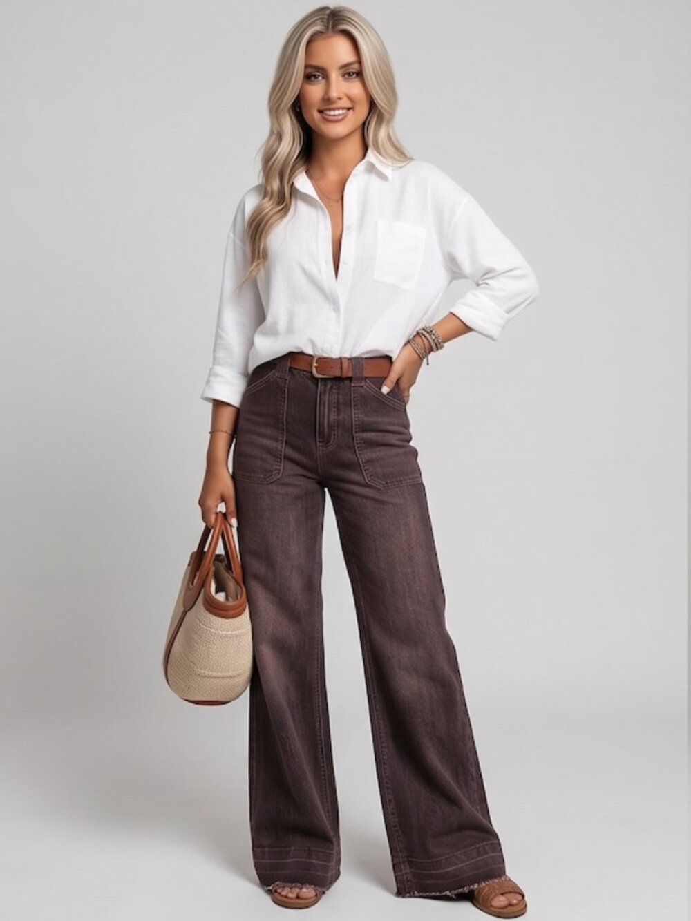 Brown High-Waisted Front Patch Pocket Denim Wide Leg Jeans